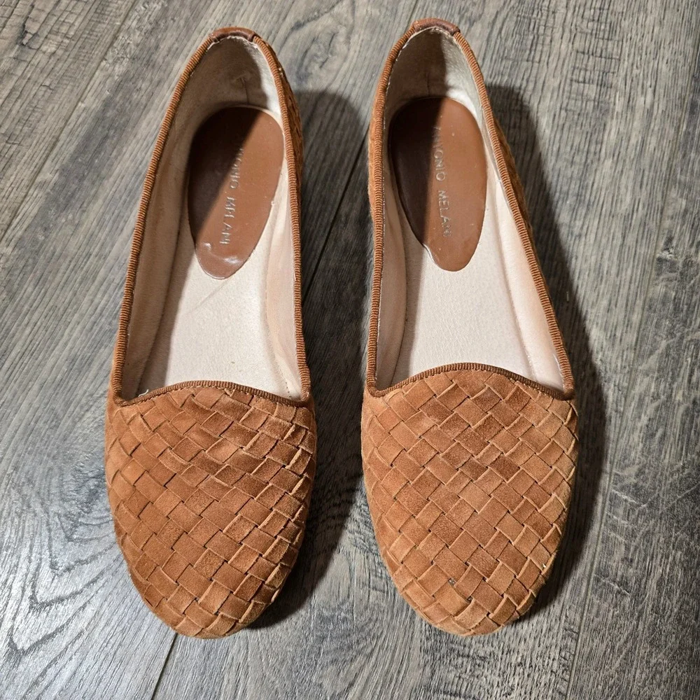 Antonio Melani Woven Leather Loafers Cognac Brown Suede Flats‎ Womens 8M